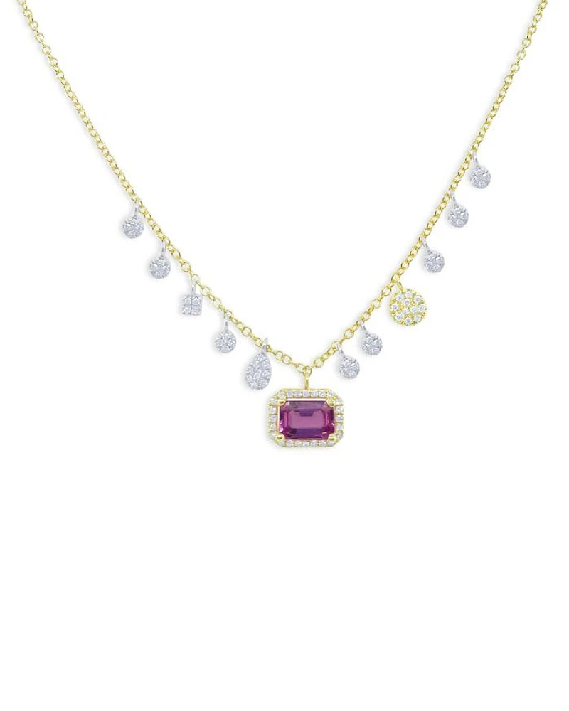 14K Yellow Gold Diamond & Pink Sapphire Necklace, 18"