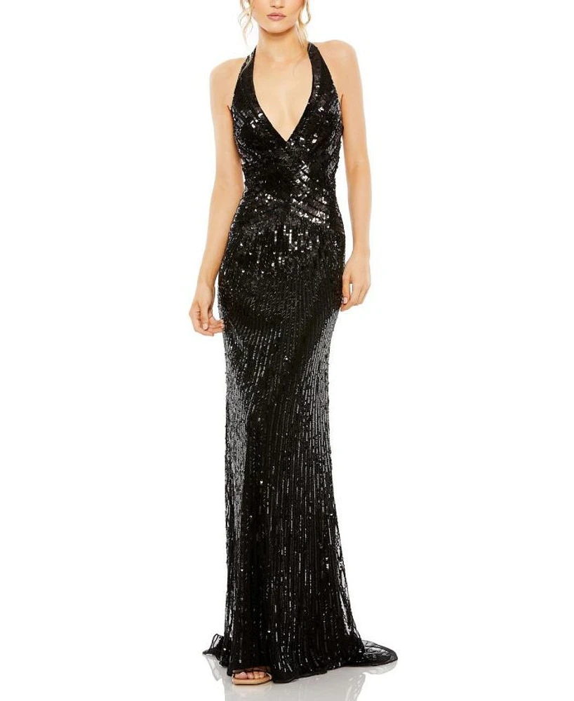 Sleeveless Faux Wrap Sequin Embellished Cut Out Back Dress