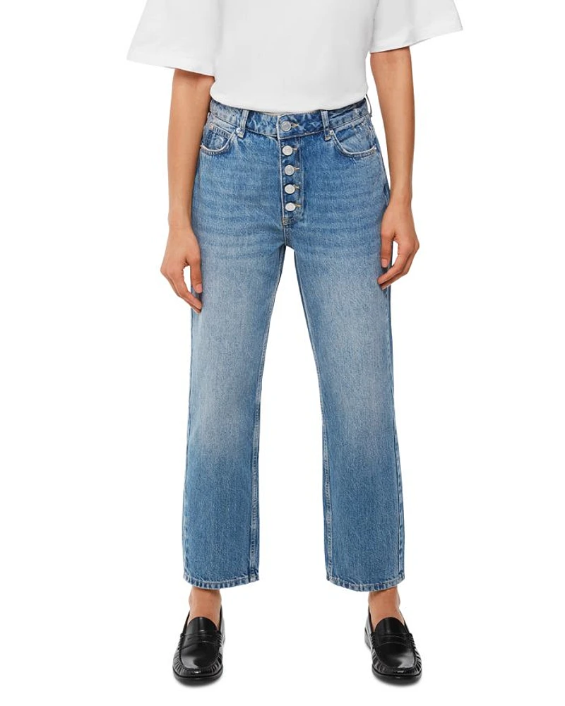 Hollie Button-Fly High Rise Cropped Straight Jeans Denim