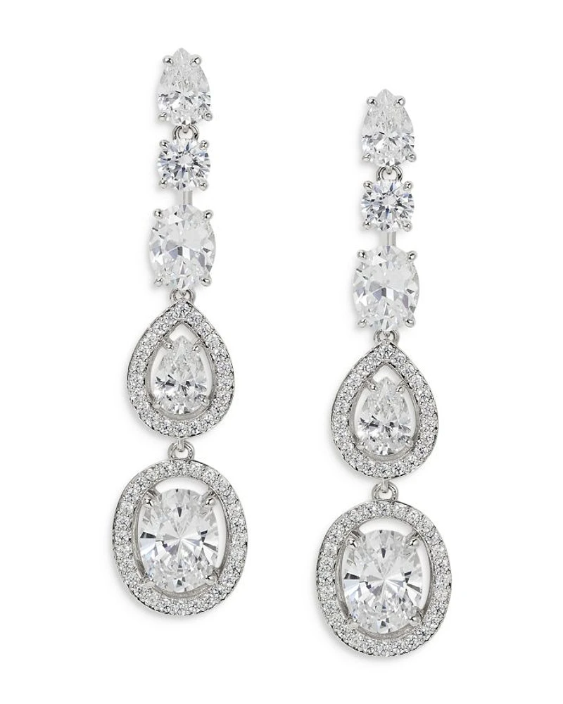 Radiant Cubic Zirconia Halo Linear Drop Earrings in Rhodium Plated