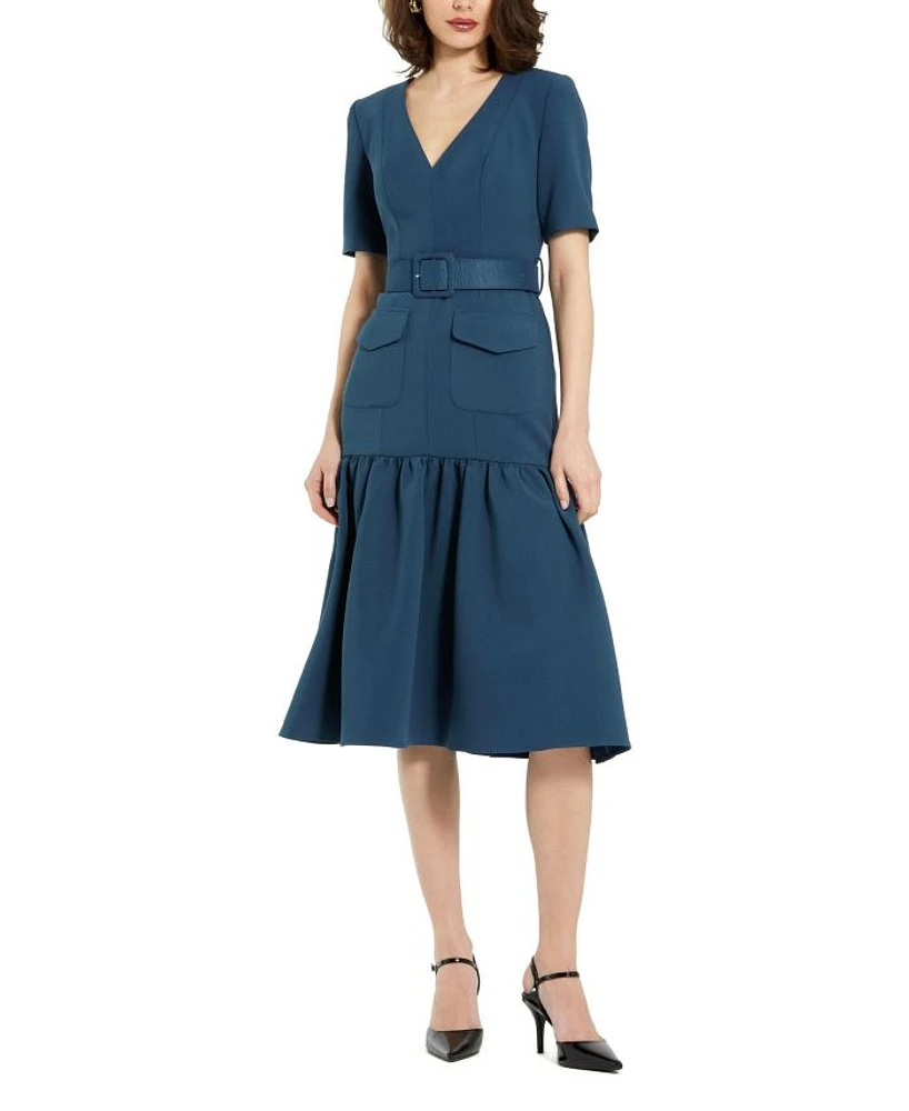 Belted Crepe Midi Dress With Pockets
