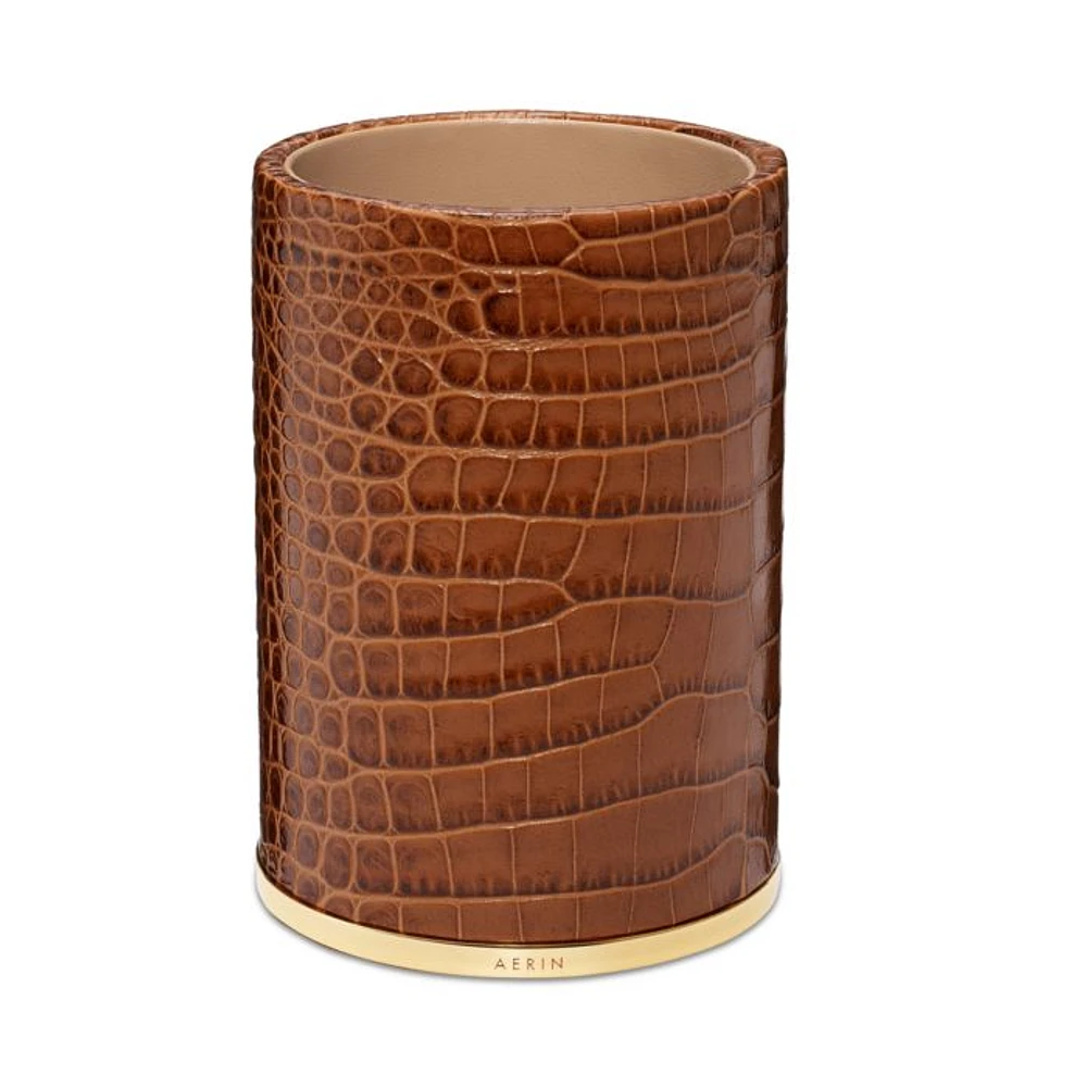Classic Croc Embossed Leather Pencil Cup in Chestnut