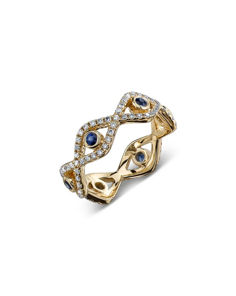 14K Yellow Gold Large Bezel Sapphire Evil Eye Eternity Band