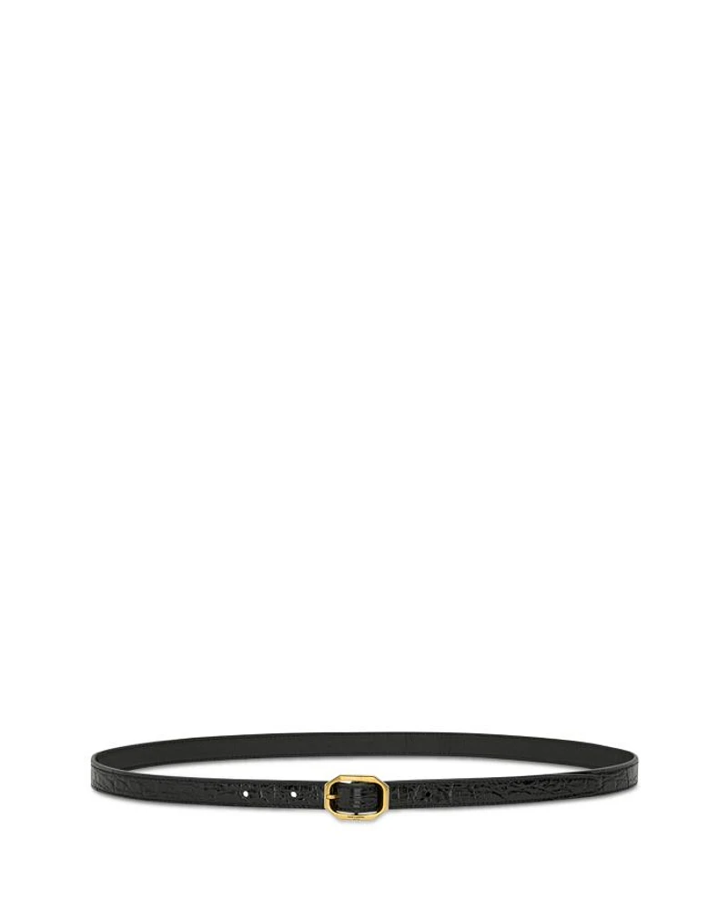 Frame Thin Belt in Crocodile-Embossed Leather
