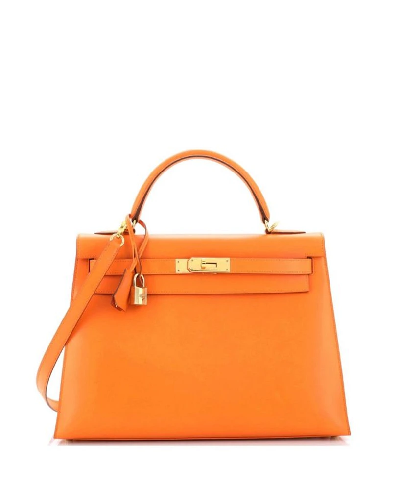 Kelly 32 Handbag Orange Box Calf with Gold Hardware