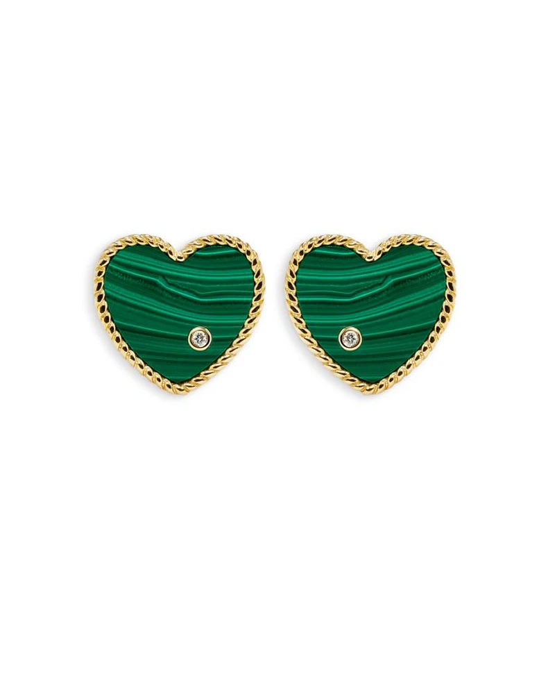 9K Yellow Gold Paire de Baby Puces Coeur Malachite & Diamond Heart Stud Earrings