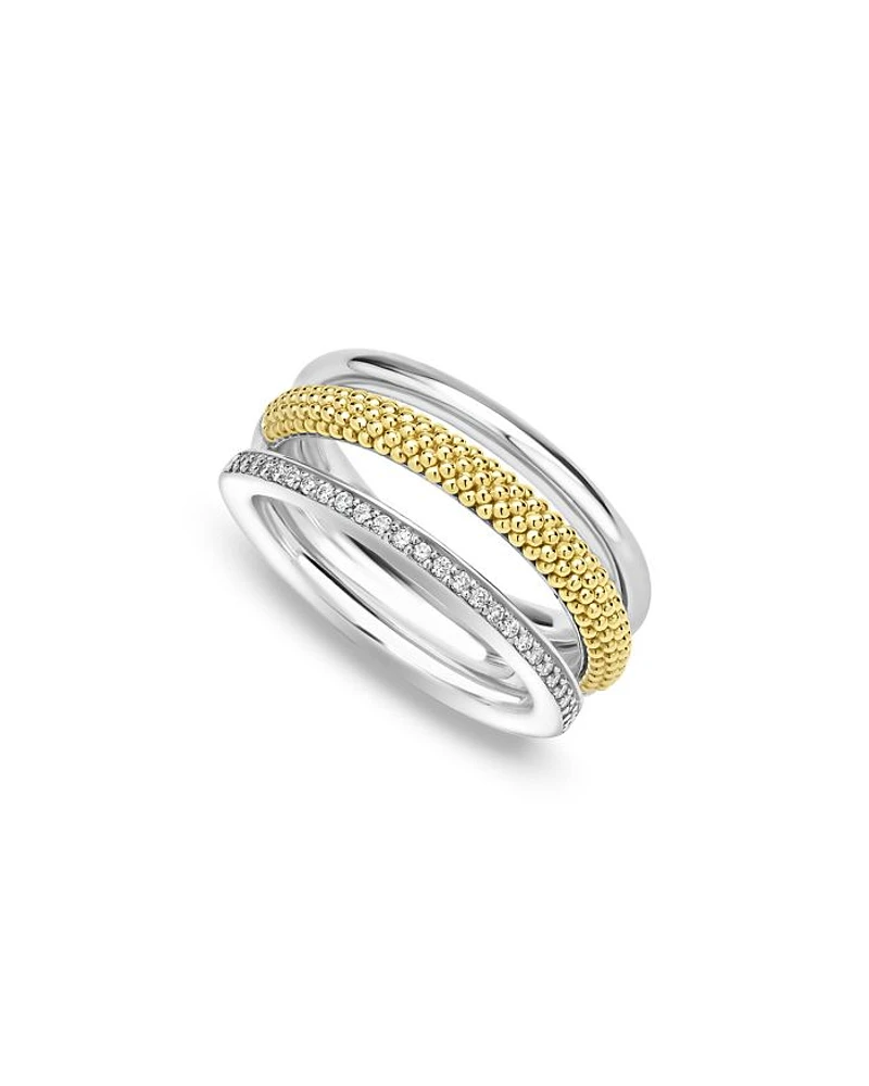 Two Tone Caviar Lux Three Row Diamond Ring, 0.135 tcw