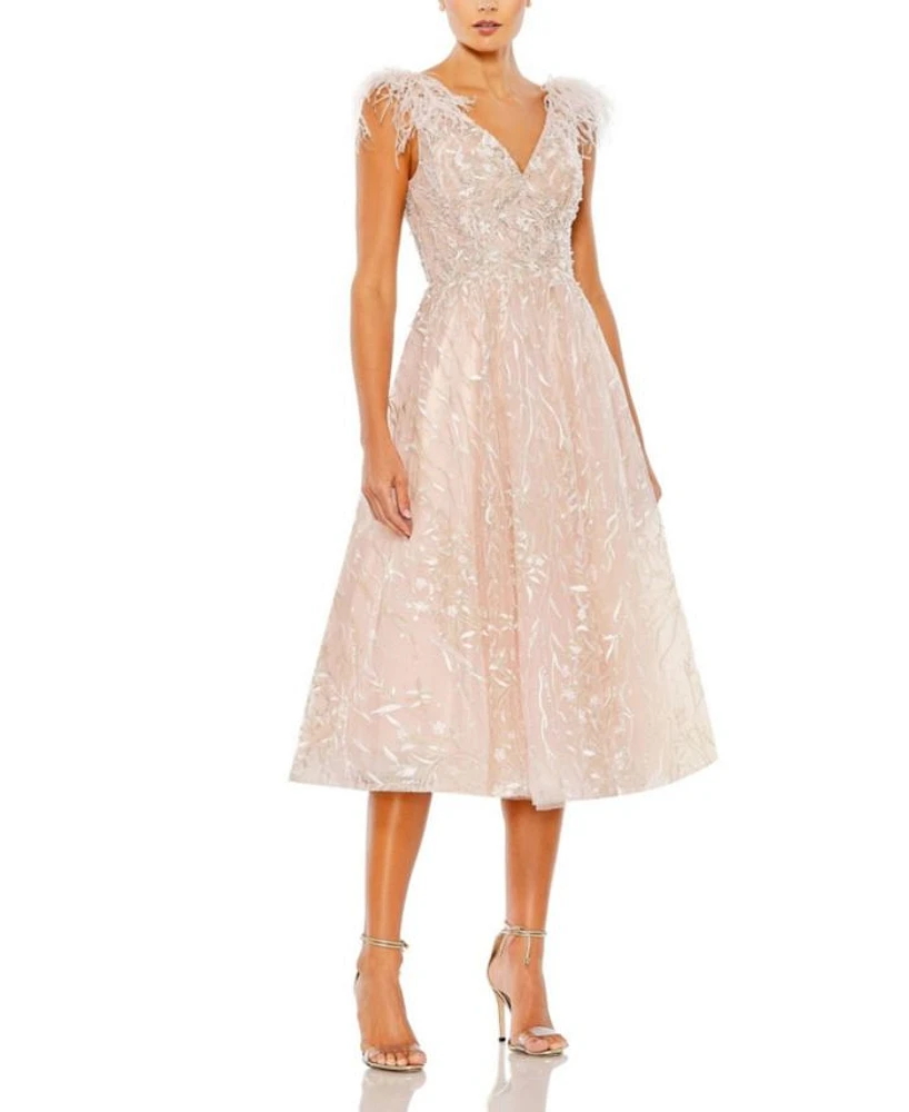 Embroidered Sleeveless Feather Detail Midi Dress
