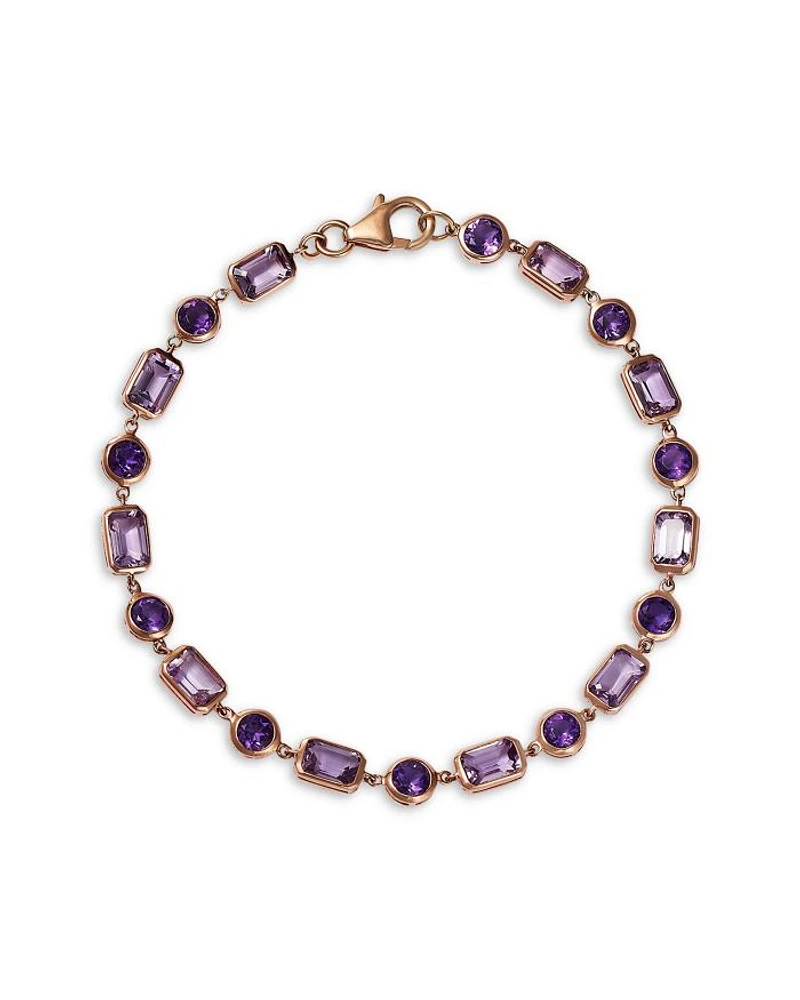 Rose De France & Purple Amethyst Mixed Cut Link Bracelet in 14K Rose Gold