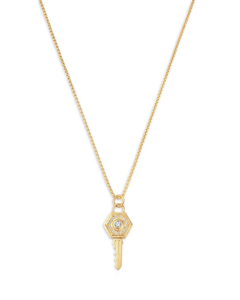 14K Yellow Gold Medallions Diamond Hexagon Key Pendant Necklace