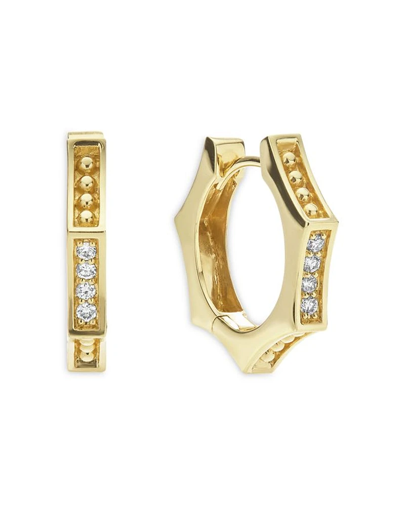 18K Yellow Gold Caviar Gold Diamond Hexagon Huggie Hoop Earrings