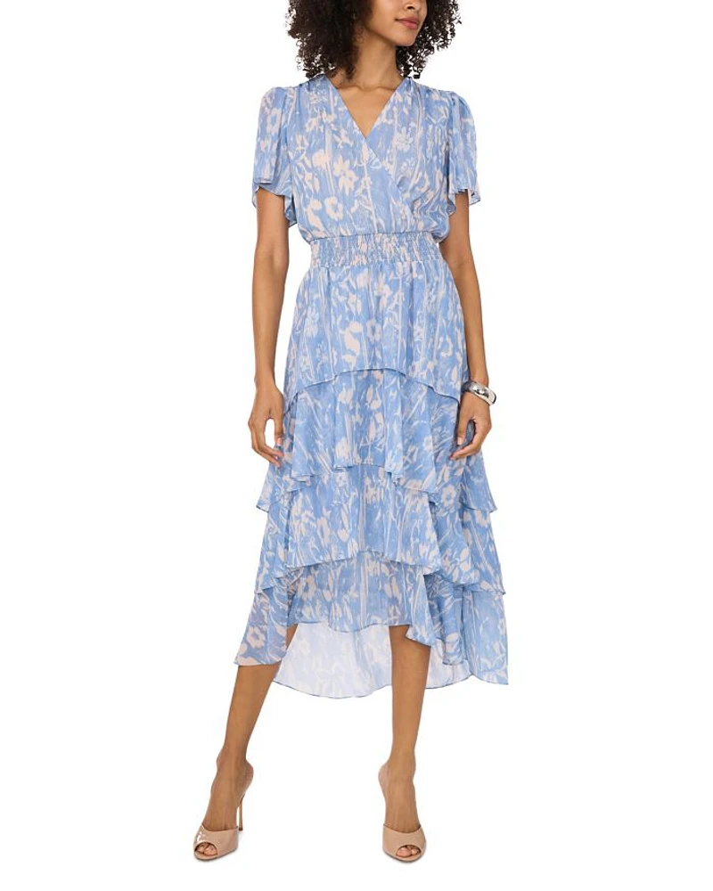 Crossover Flutter Sleeve Tiered Dress