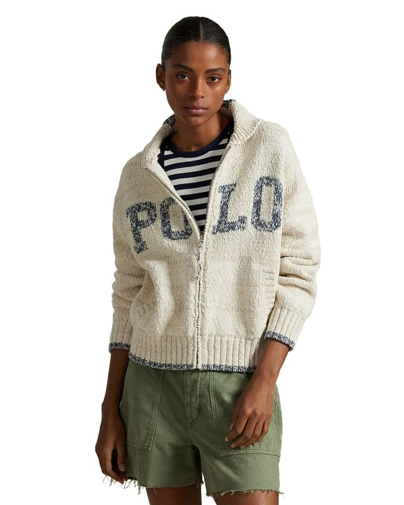 Logo Shawl Collar Full Zip Cardigan