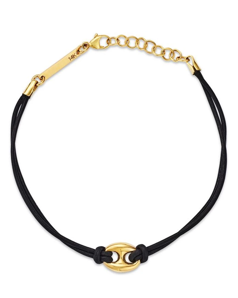 14K Yellow Gold Heavy Metal Mariner Link Leather Bracelet