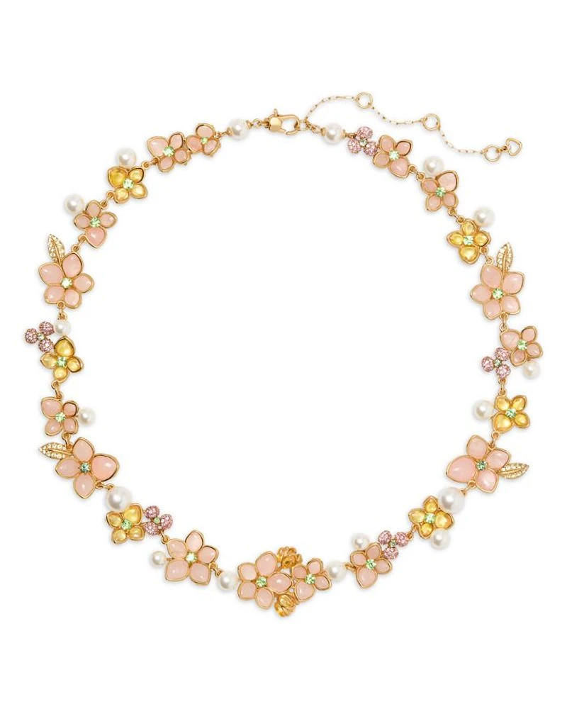Pastel Petals Mixed Stone Flower Statement Necklace in Gold Tone, 16"