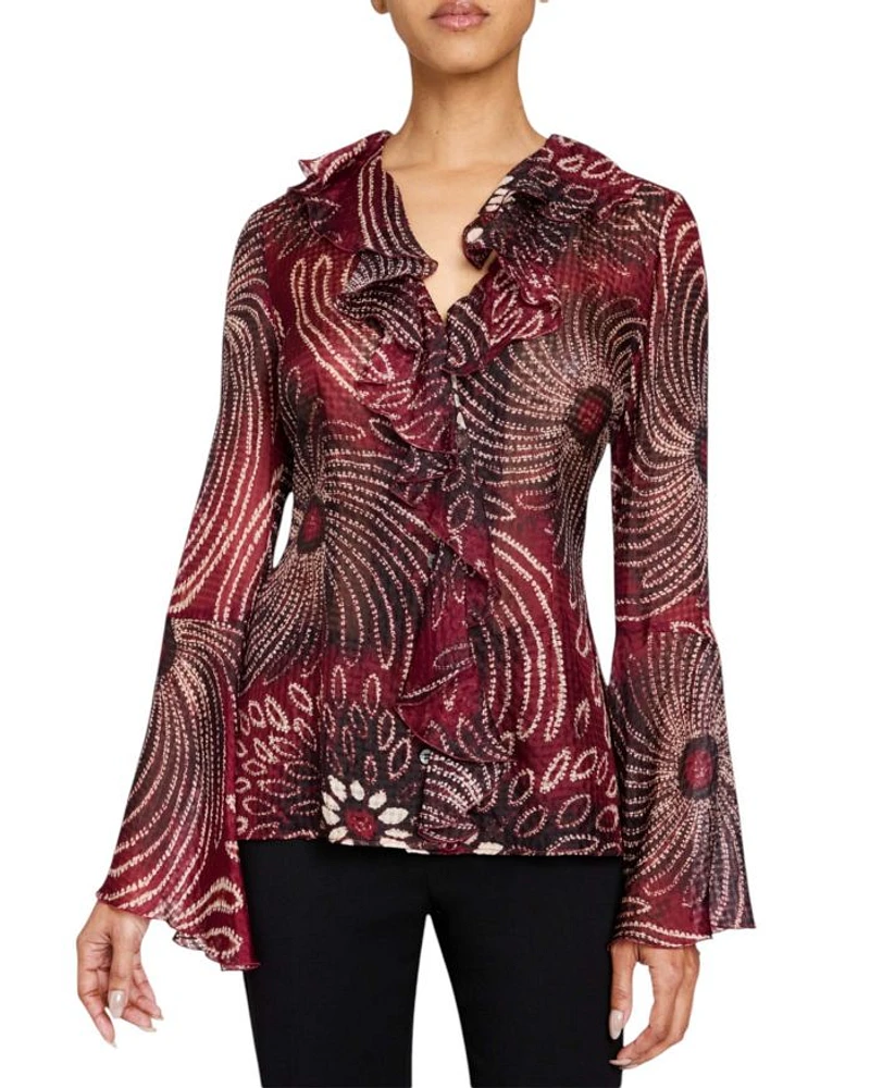SYDNEY Long Sleeve Button Down Blouse with Ruffles Silk Modern Gingham Floral Print