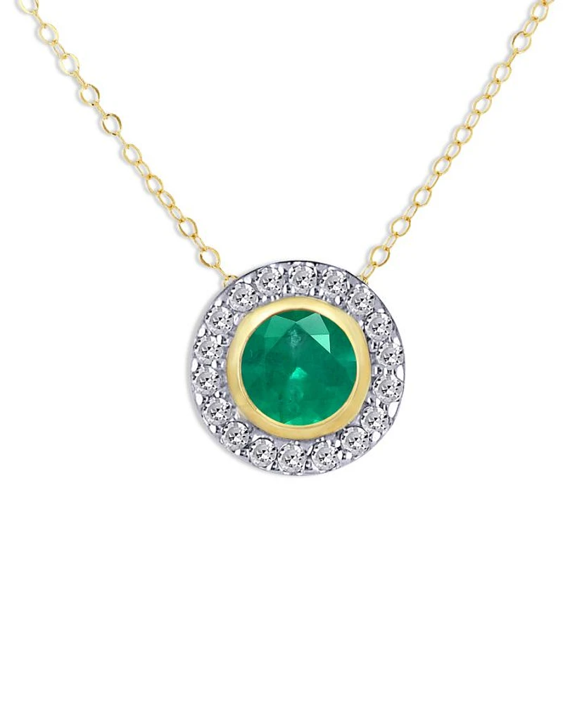 14K Yellow Gold Emerald & Diamond Halo Stud Pendant Necklace, 18"