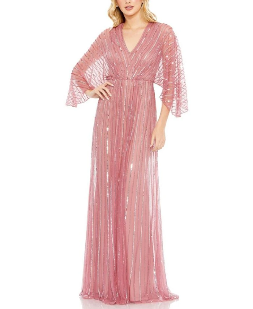 Beaded Striping Kimono Sleeve V Neck Gown