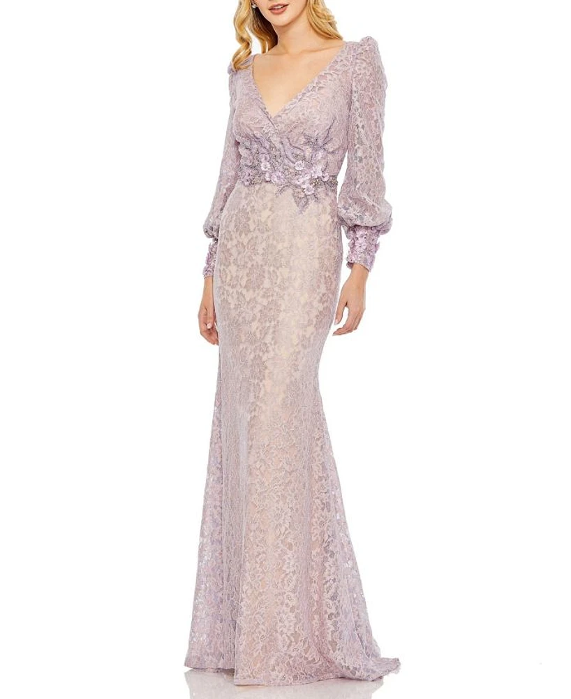 Lace Long Sleeve V Neck Embellished Gown
