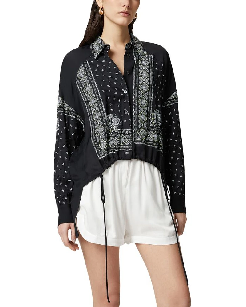 Printed Drawstring Hem Blouse