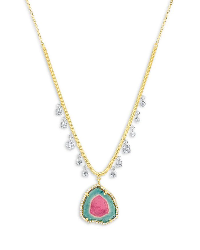 14K White & Yellow Gold Watermelon Tourmaline & Diamond Dangle Pendant Necklace, 16-18"