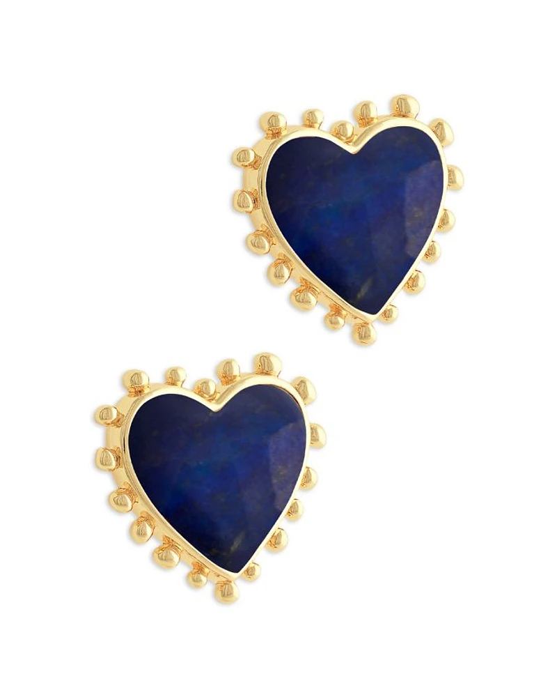 Heart Lapis & 18K Yellow Gold Plated Stud Earrings, 0.5"L