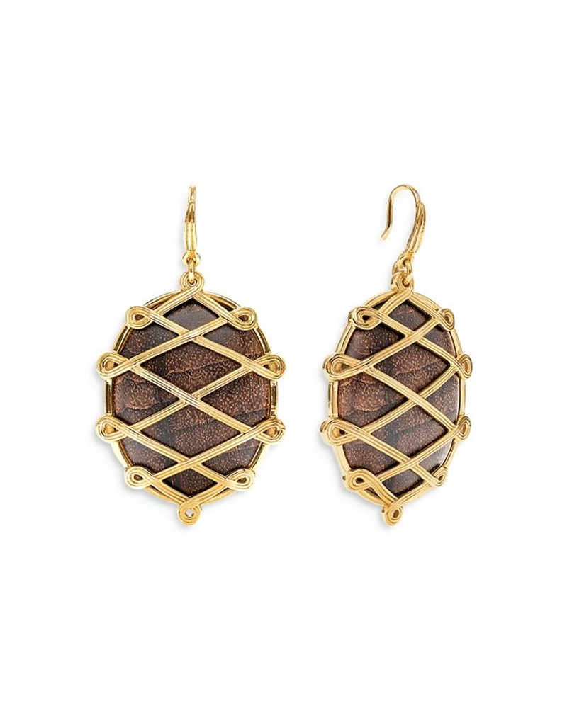Elizabetta Caged Teak Oval Drop Earrings in 18K Gold Plate