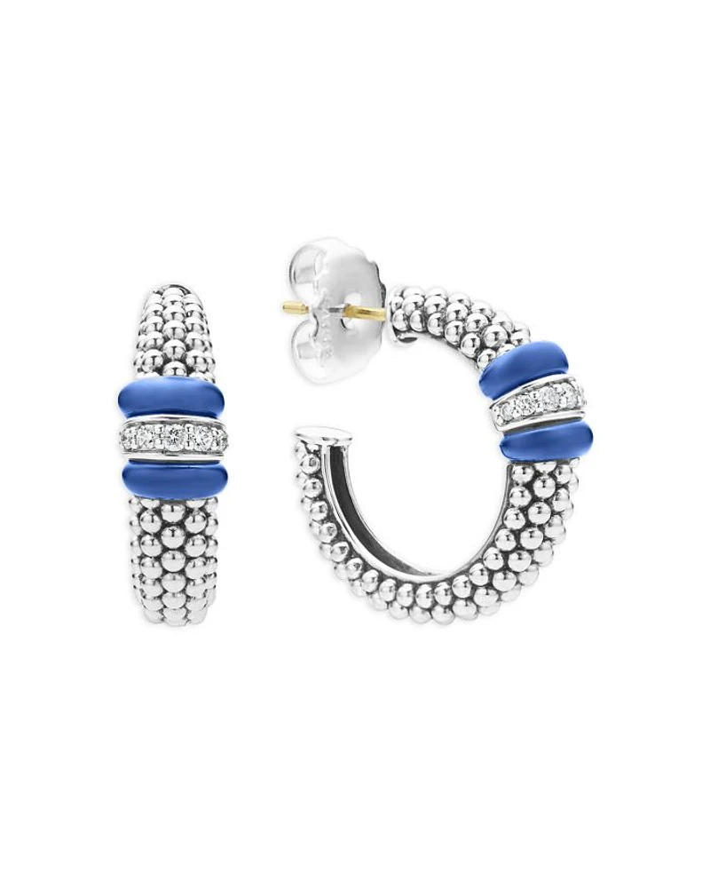 14K Yellow Gold & Sterling Silver Ultramarine Ceramic & Diamond Caviar Bead Hoop Earrings