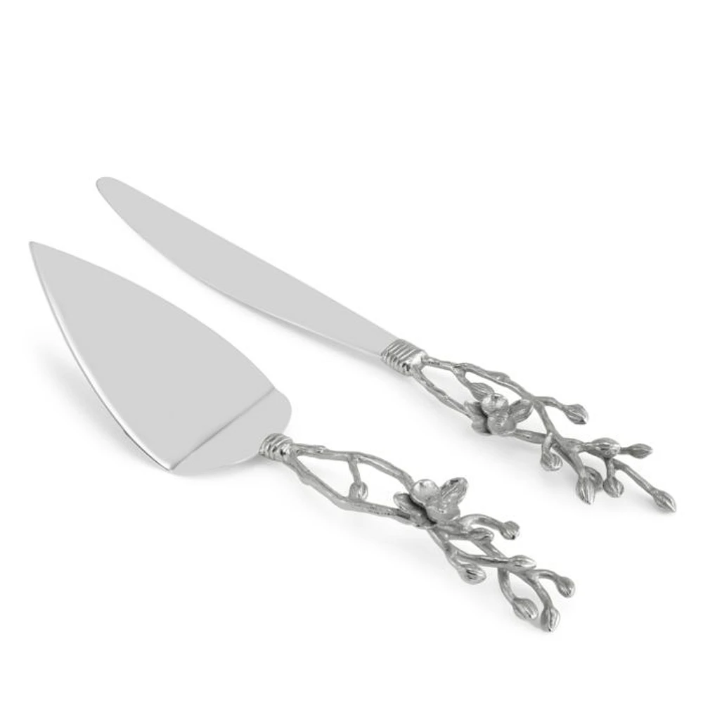 White Orchid Wedding Cake Knife & Server Set