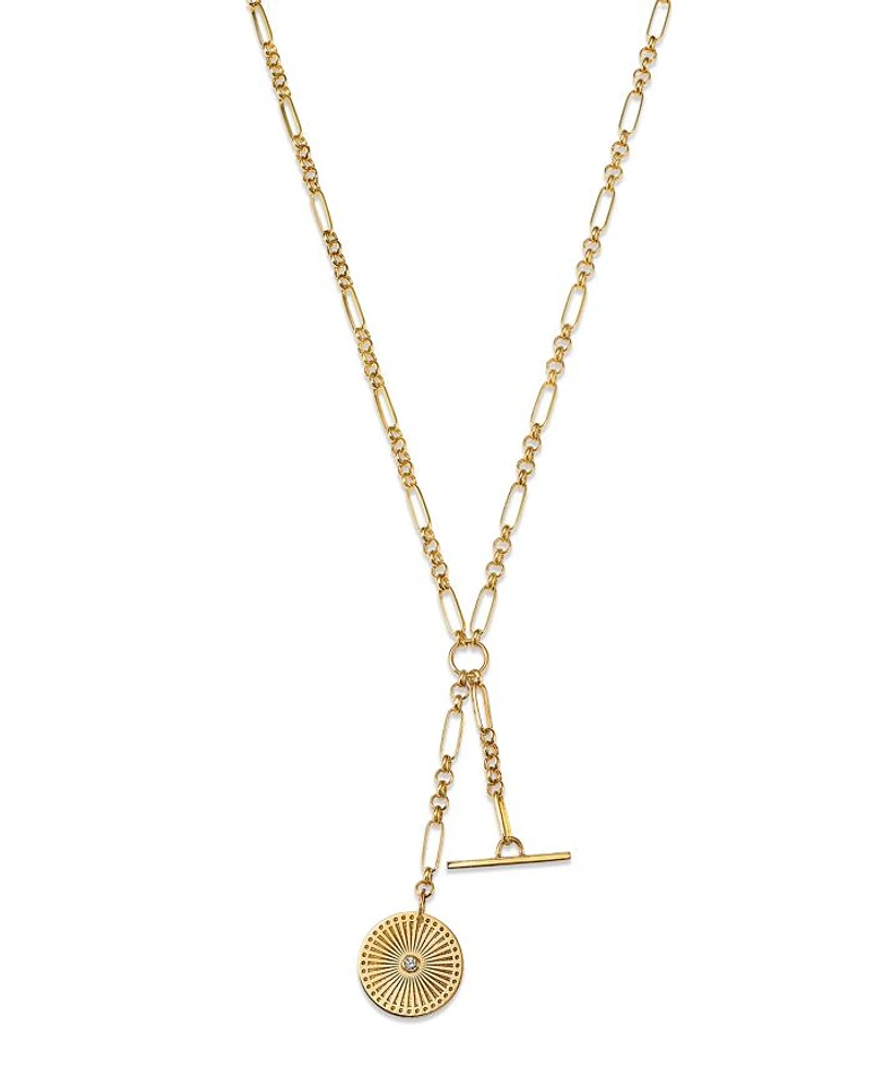14K Yellow Gold Bezel Diamonds Diamond Sunbeam Medallion Lariat Necklace, 16-18"