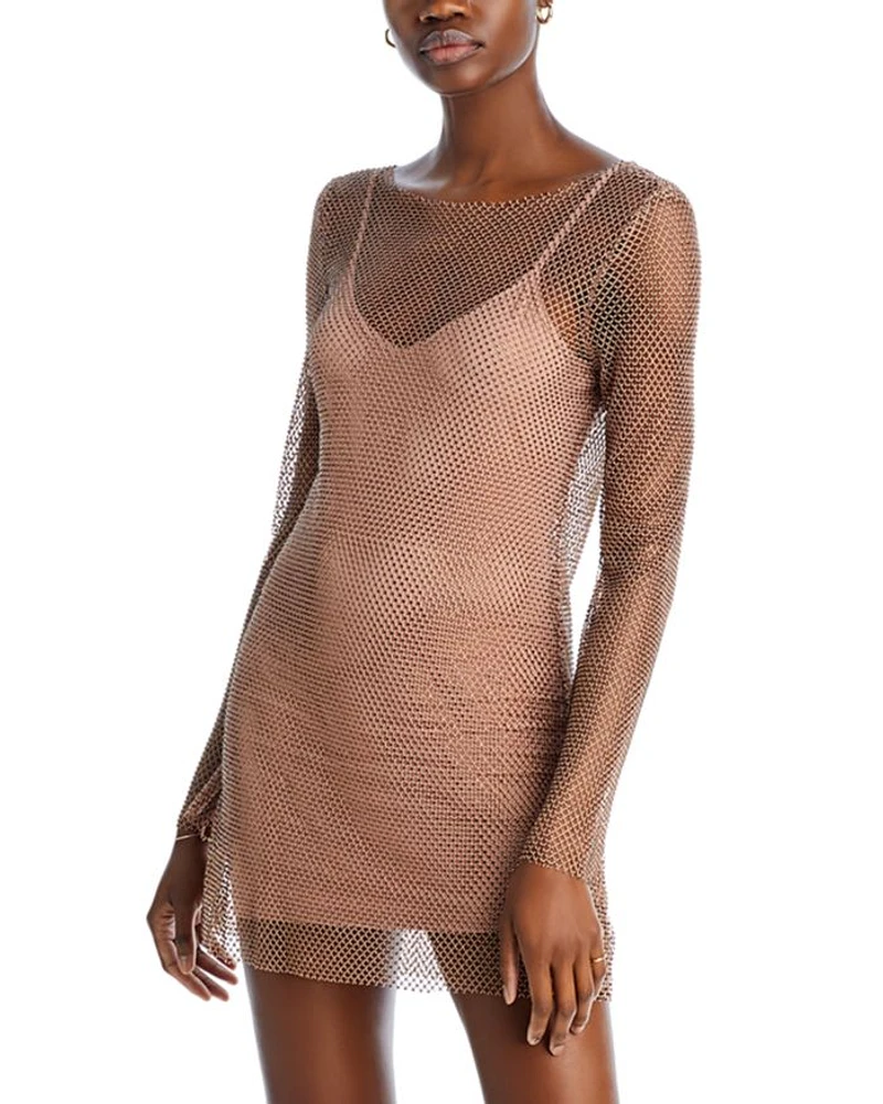 Dancing Queen Crystal Embellished Mesh Mini Dress Swim Cover-Up