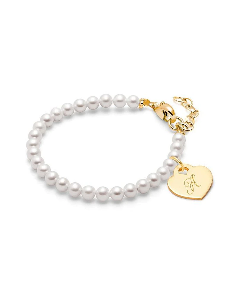 Girls 14K Gold 4mm Cultured Pearls & Engraved Initial 6.25" Bracelet - Children