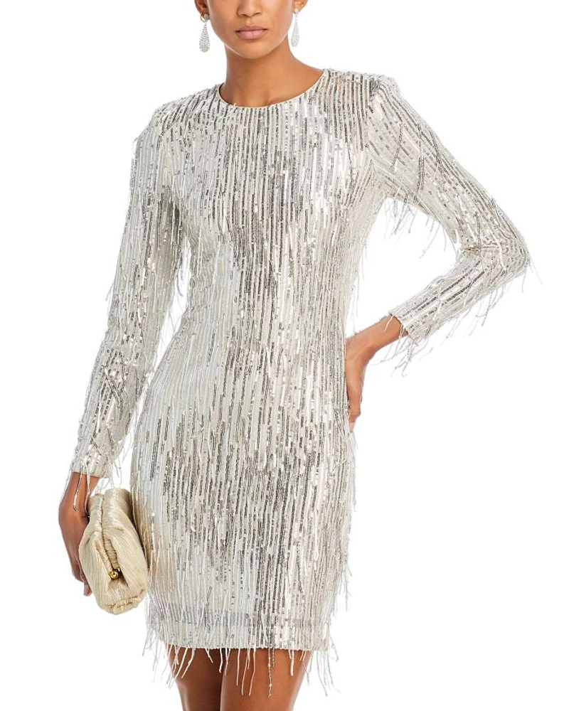 Sequin Fringe Long Sleeve Cocktail Dress