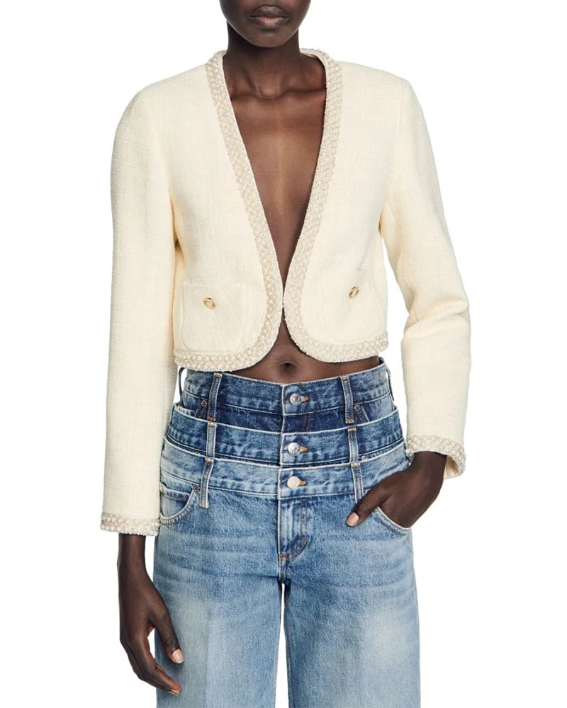 Bead Trim Cropped Tweed Jacket