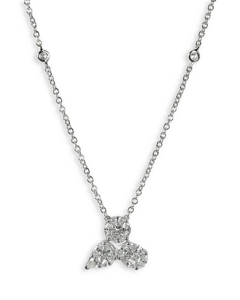 18K White Gold Mosaic Diamond Trio Cluster Pendant Necklace, 16"