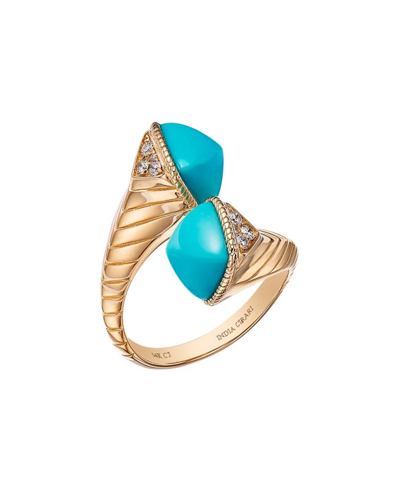 Turquoise & Diamond Bypass Ring in 14K Yellow Gold