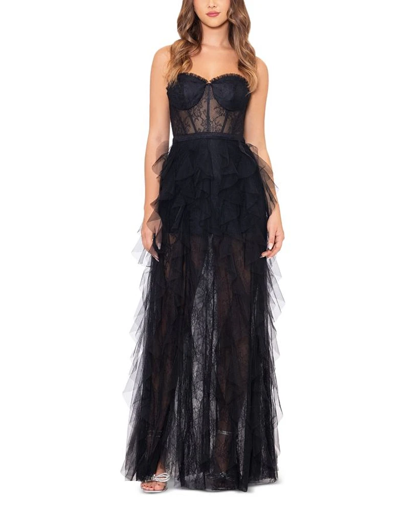 Strapless Lace Tulle Ruffle Gown - Exclusive