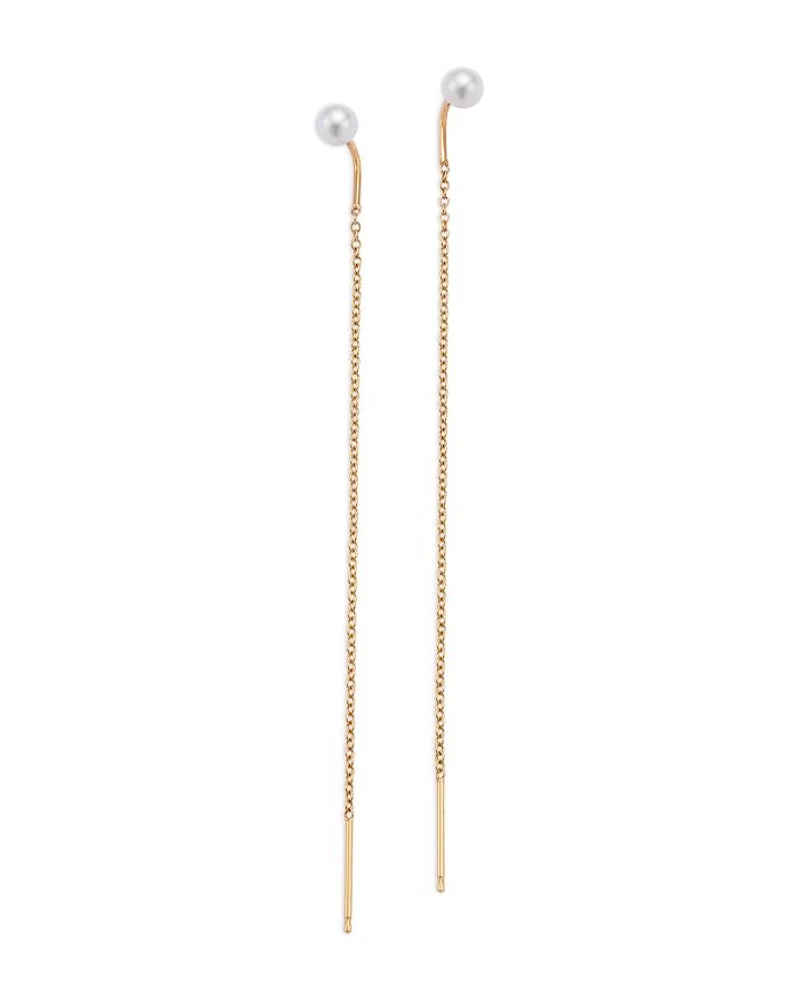 14K Yellow Gold Cultured Freshwater Pearl Long Chain Threader Earrings