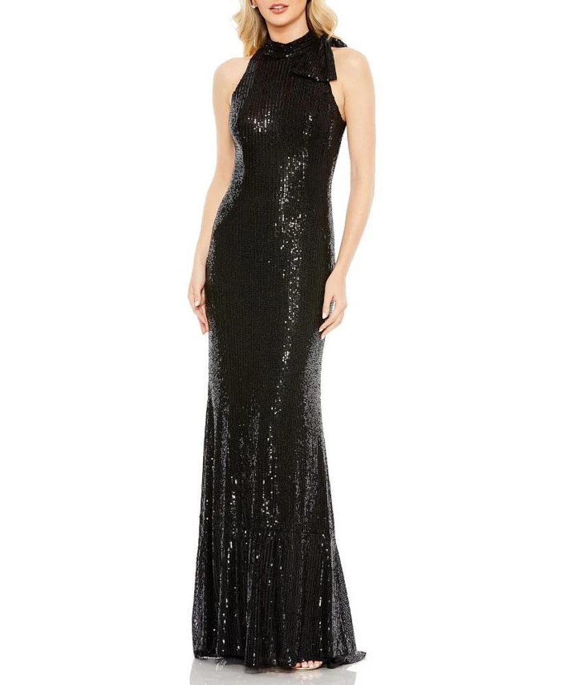 Sequined Soft Tie Halter Neck Column Gown