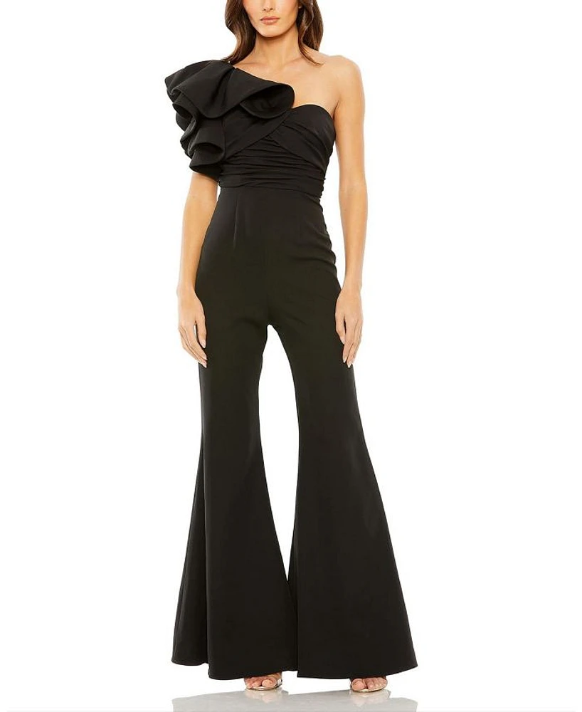 One Shoulder Ruffle Detail Flare Pant Jumpsuit