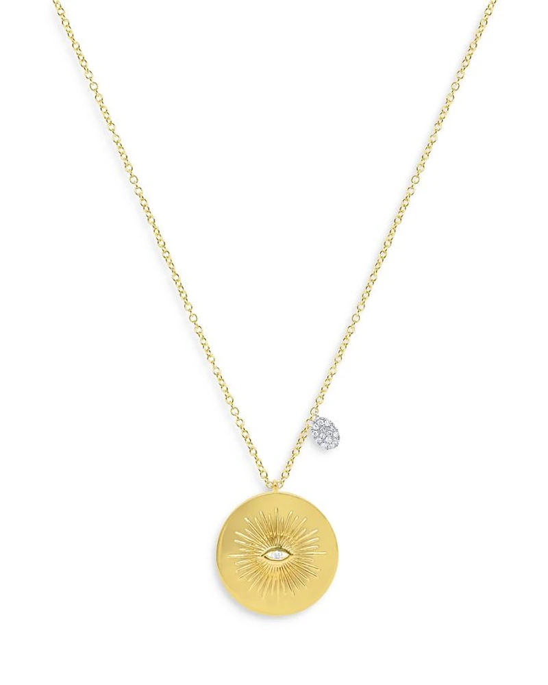 14K White & Yellow Gold Diamond Sunray Evil Eye Disc & Dangle Accent Pendant Necklace, 18-20"