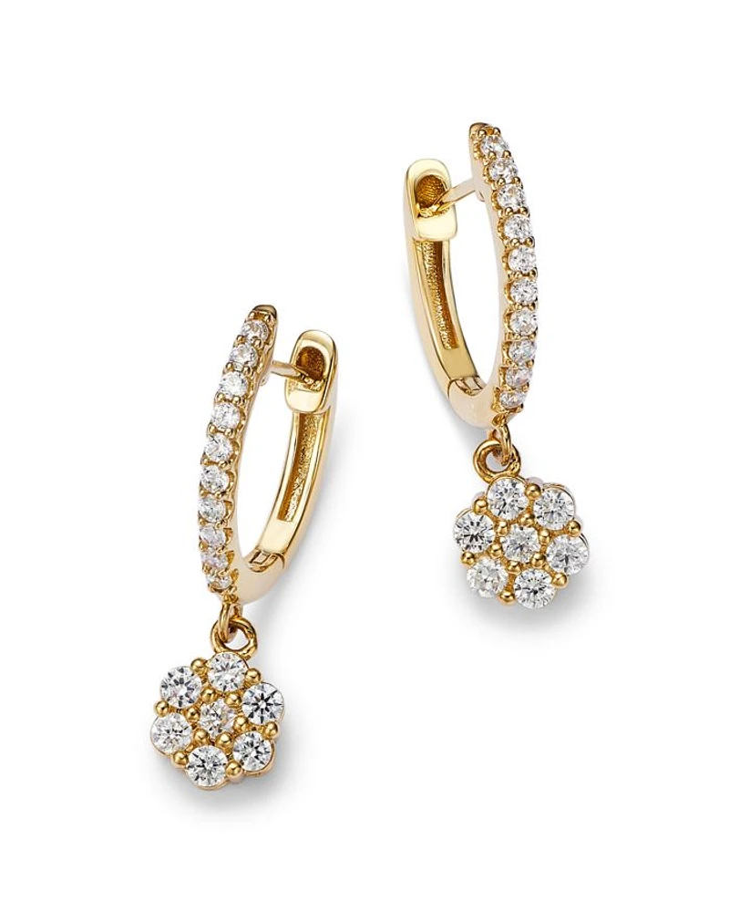 Diamond Flower Dangle Hoop Earrings in 14K Yellow Gold