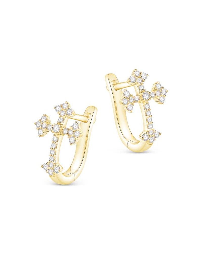 Diamond Cross Hoop Earrings in 14K Yellow Gold, 0.25 tcw