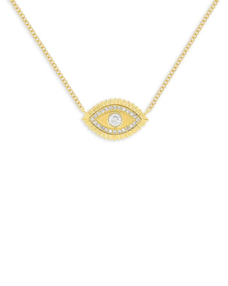 14K Yellow Gold Evil Eye Protection Necklace with Diamonds, 0.16 tcw