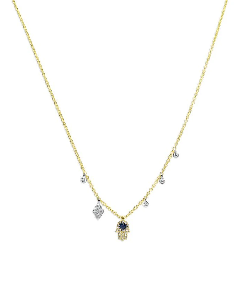 14K White & Yellow Gold Blue Sapphire & Diamond Dangle Hamsa Hand Pendant Necklace, 18-20"