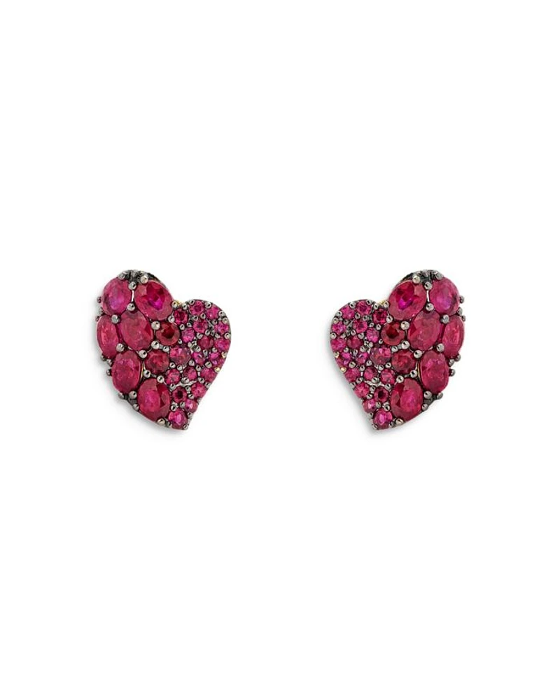 18K Yellow Gold Small Wave Heart Earrings with Rubies