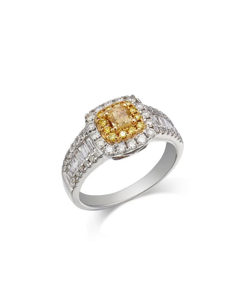 White & Yellow Diamond Cushion & Round Halo Ring in 14K Yellow & White Gold, 1.3 tcw
