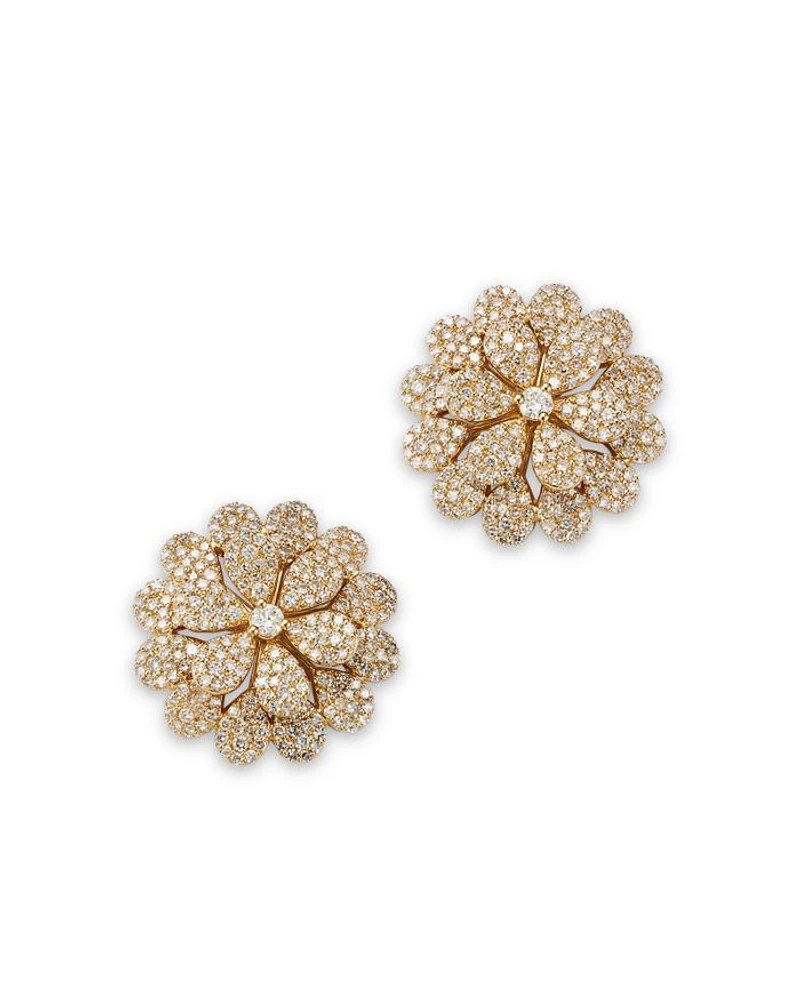 Diamond Pavé Flower Stud Earrings in 14K Yellow Gold, 1.50 tcw