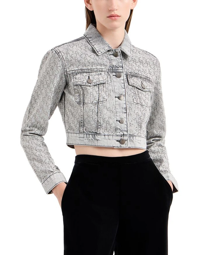 Rhinestone Logo Cropped Denim Jacket
