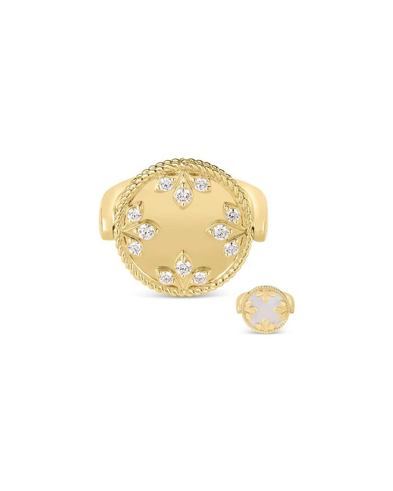 18K Yellow Gold Mother of Pearl Venetian Princess Medallion Ring, 0.28 tcw